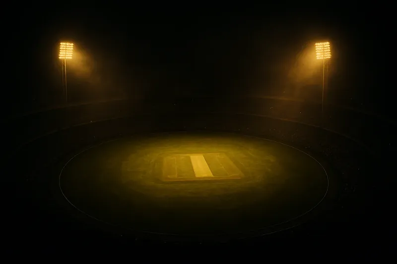 Aerial view of illuminated cricket stadium with packed stands at night