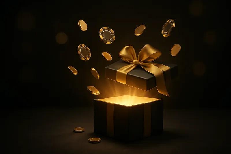 Premium gift box opening with gold light, coins and casino chips