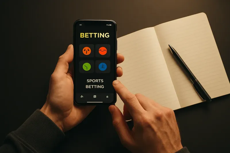 Man's hands using betting app on phone at desk from above
