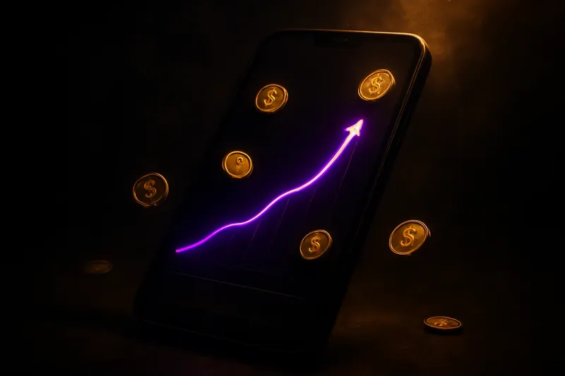 Mobile crash game interface with glowing curve graph and scattered coins