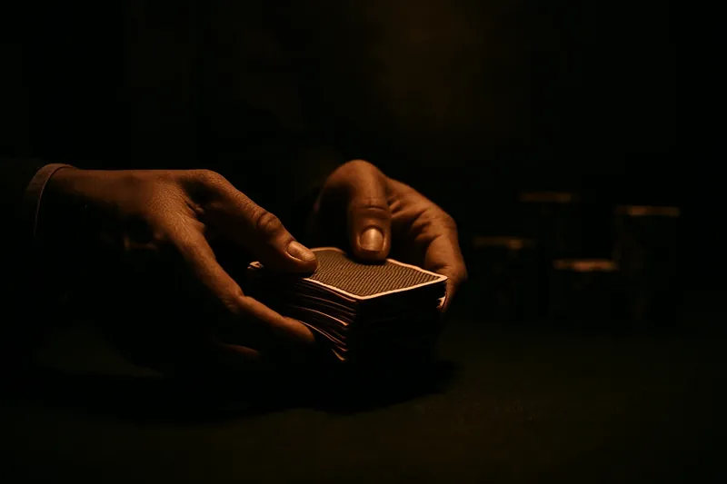 Close-up of dealer hands shuffling cards over green felt table