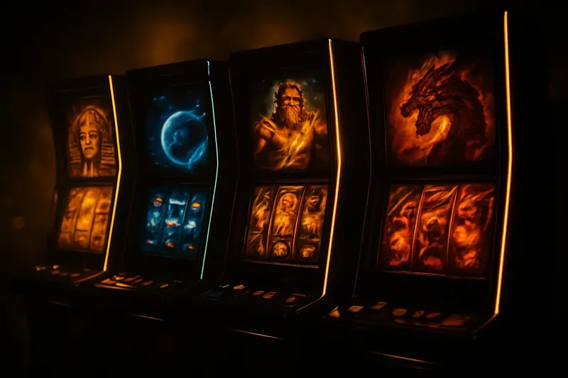 Five vivid slot machine screens with neon lighting and themed visuals